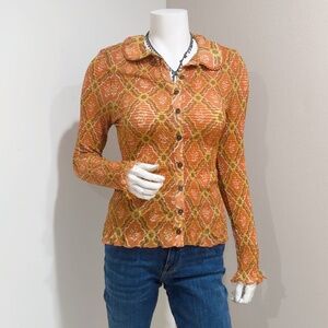 Free People Caught A Feeling Cardi Smocked Button Front Long Sleeve Top Size S